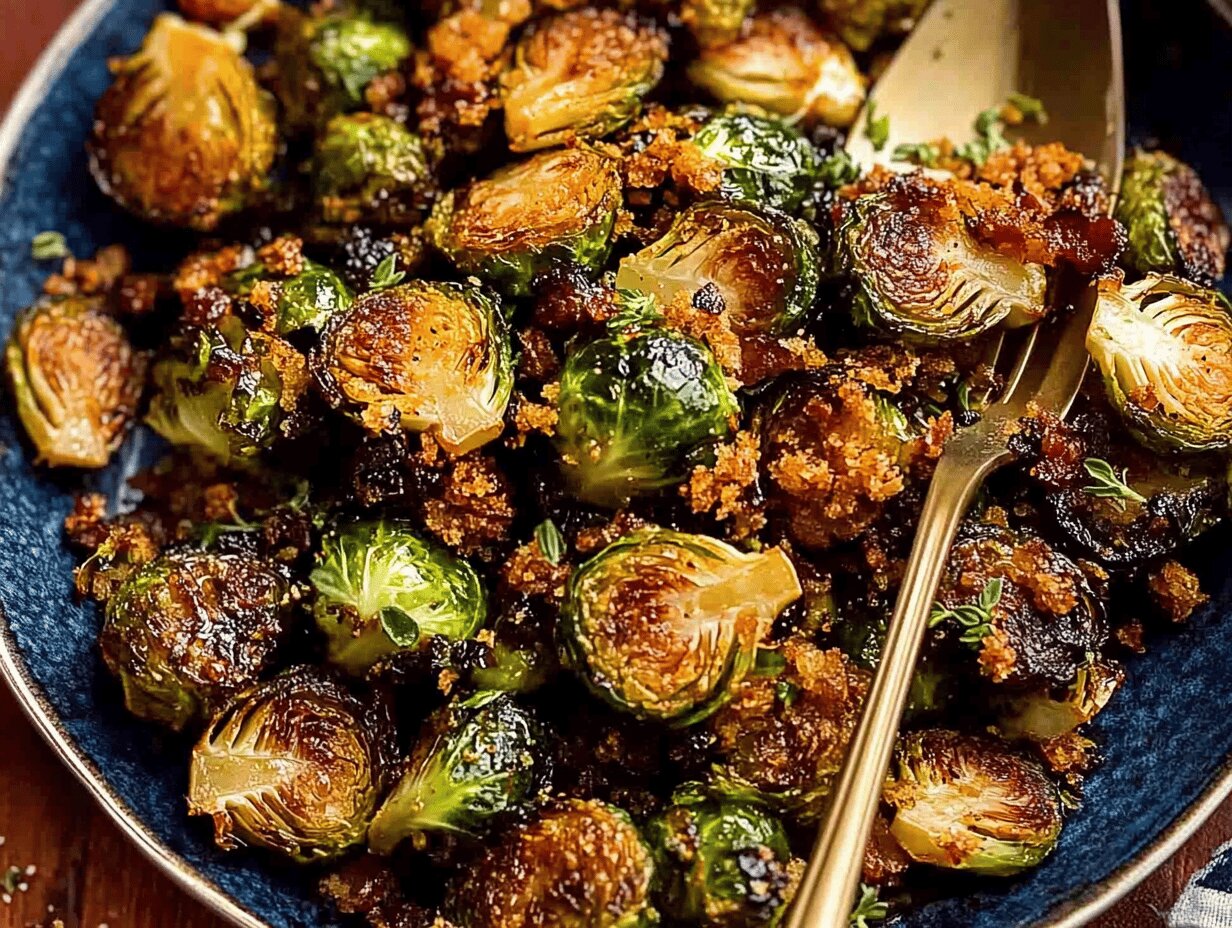 Fried Brussels Sprouts with Cider Vinaigrette and Turkey Bacon Crumbs: A Delicious Side Dish