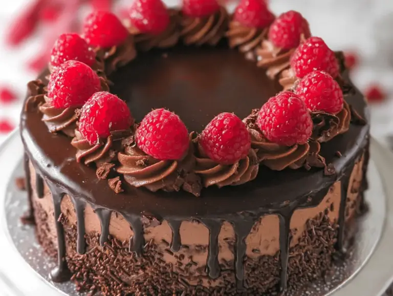 Decadent chocolate raspberry layer cake with fresh raspberries and chocolate shavings, perfect for celebrations.