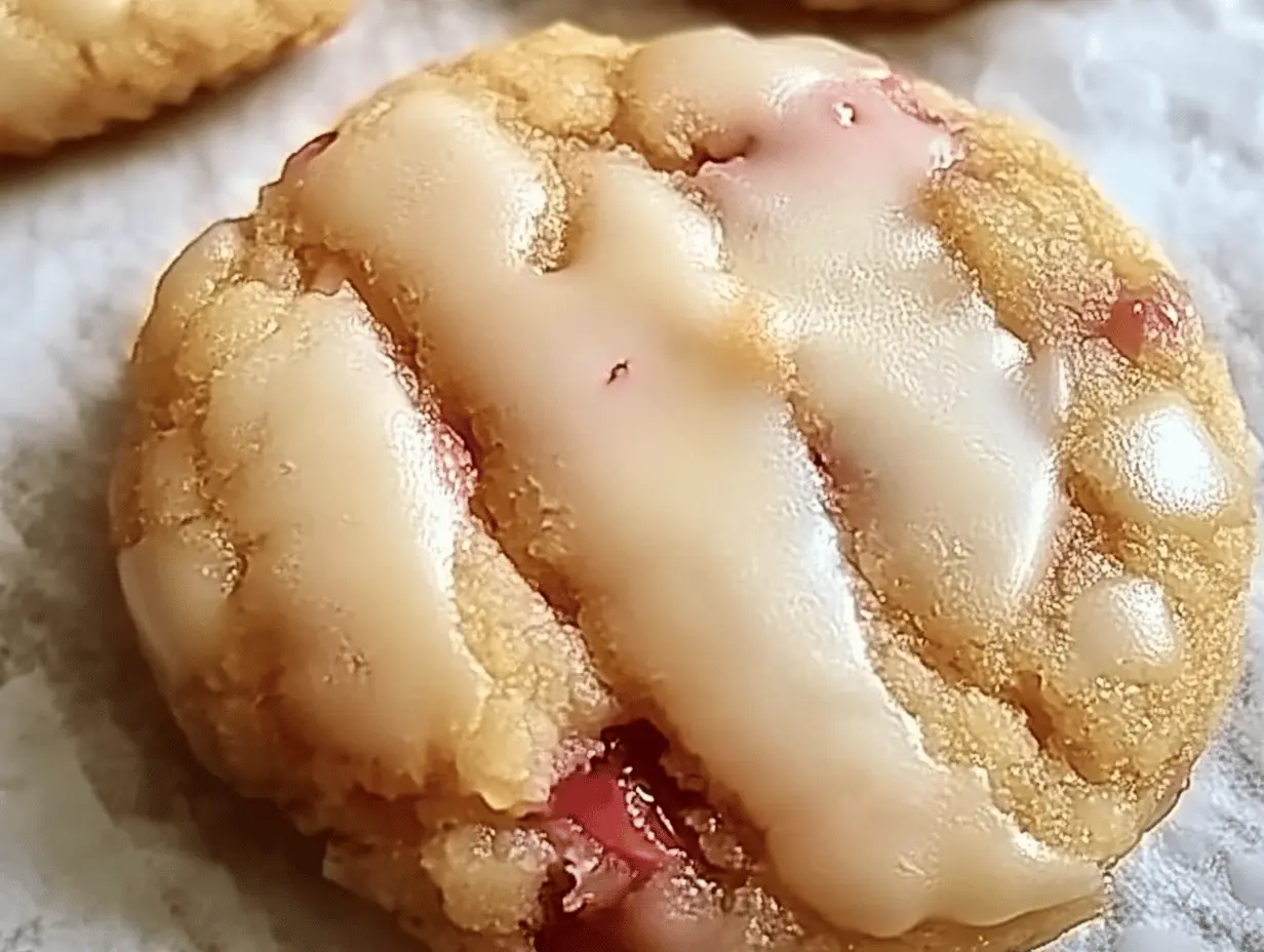 Freshly baked rhubarb cookies showcasing chewy texture and vibrant rhubarb pieces on a rustic wooden table.