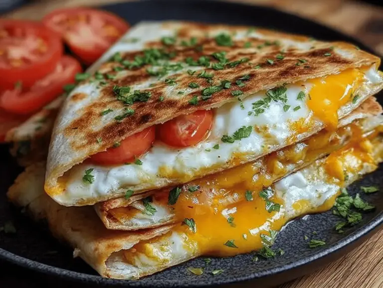 Irresistible fried egg quesadilla with melted cheese and guacamole, perfect for a quick breakfast.