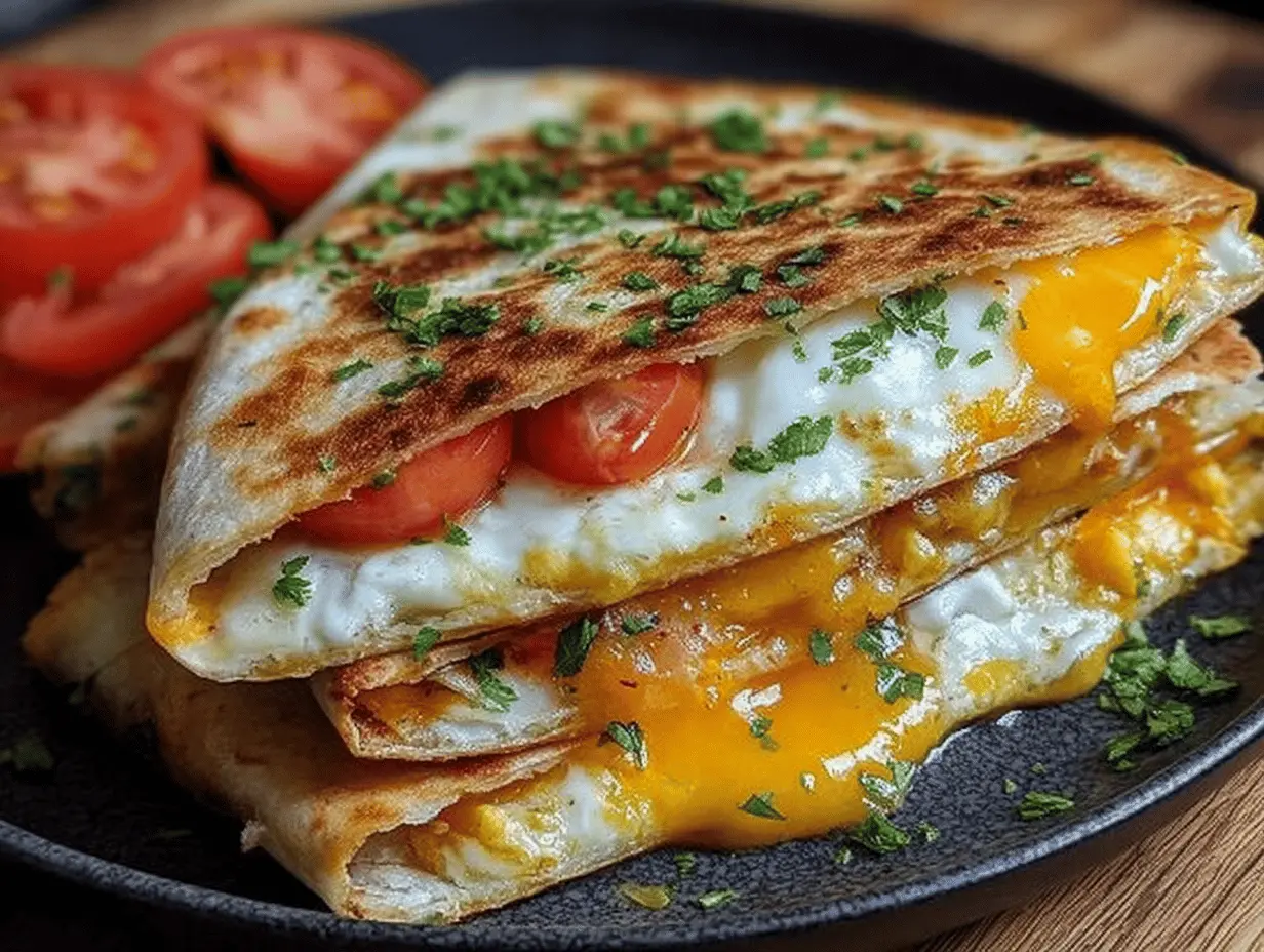 Irresistible fried egg quesadilla with melted cheese and guacamole, perfect for a quick breakfast.