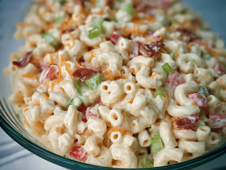 Guy Fieri's Mac-Daddi-Roni Salad with colorful vegetables and fresh herbs in a bowl, ideal for summer barbecues.