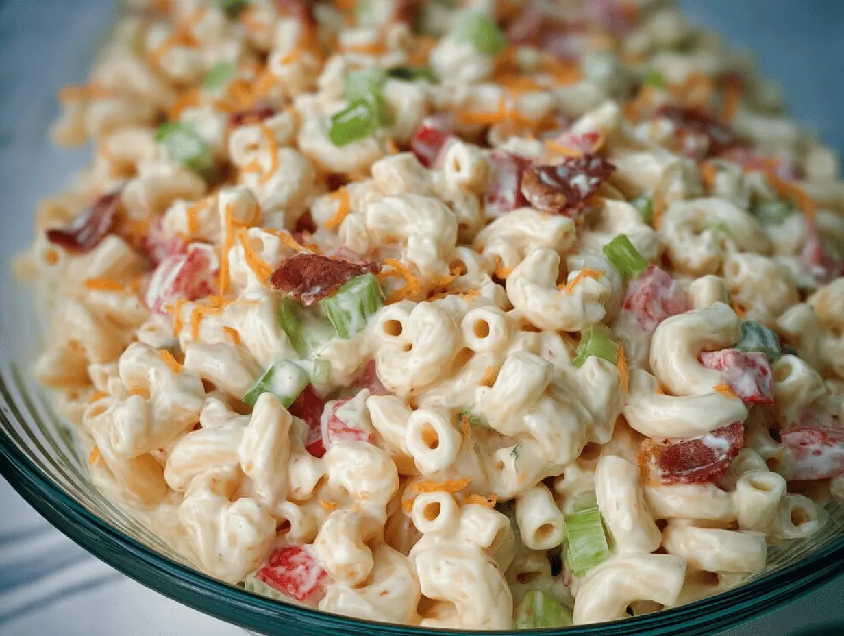 Guy Fieri's Mac-Daddi-Roni Salad with colorful vegetables and fresh herbs in a bowl, ideal for summer barbecues.