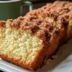 Sliced homemade cinnamon donut bread drizzled with vanilla glaze on a wooden table, highlighting its warm and inviting appearance.