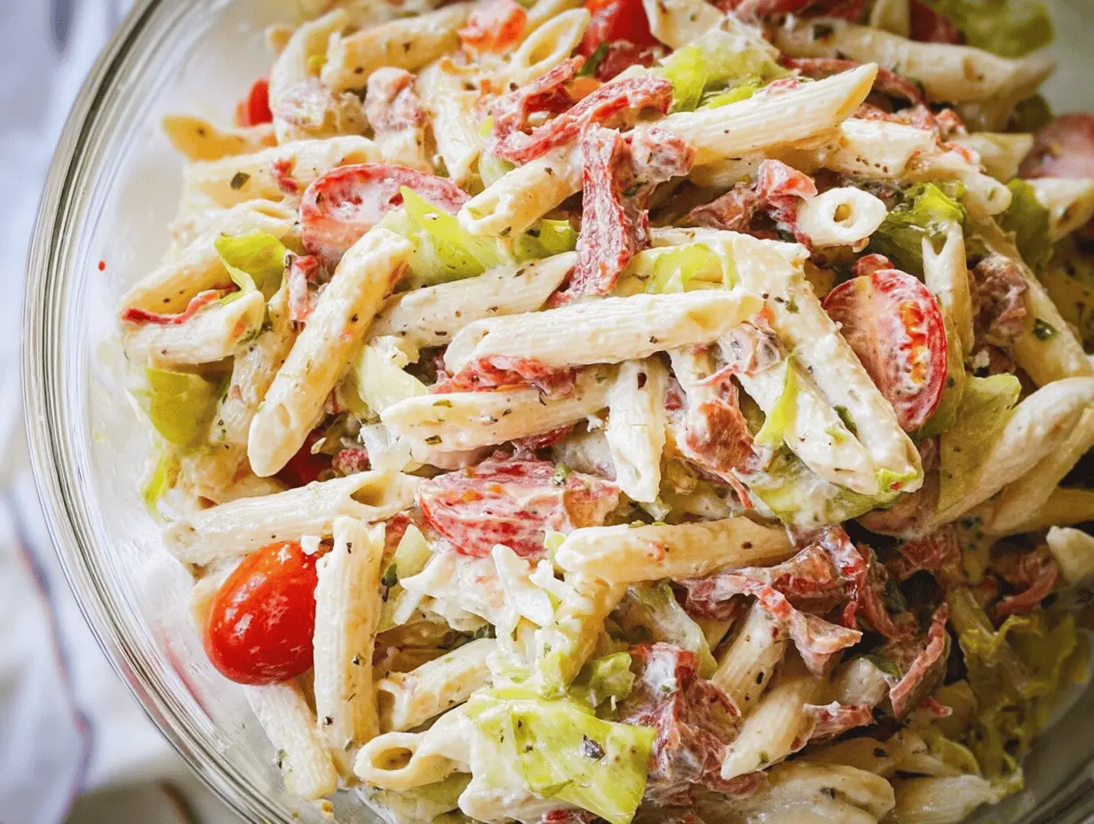 Delicious Italian Grinder Pasta Salad with rotini, bell peppers, olives, and creamy dressing, perfect for summer gatherings.