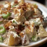 Zesty jalapeño popper roasted potato salad in a bowl, topped with cilantro and lime slices, perfect for summer BBQs and picnics.