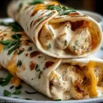 Delicious cheesy garlic chicken wraps with fresh herbs on a wooden board, perfect for a quick lunch or dinner.