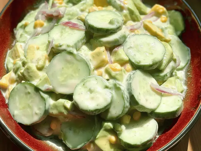 Creamy cucumber avocado salad with fresh herbs in a bowl, ideal for summer meals.