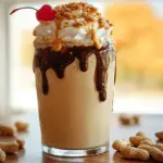 Creamy peanut butter milkshake with whipped cream and chocolate syrup in a tall glass