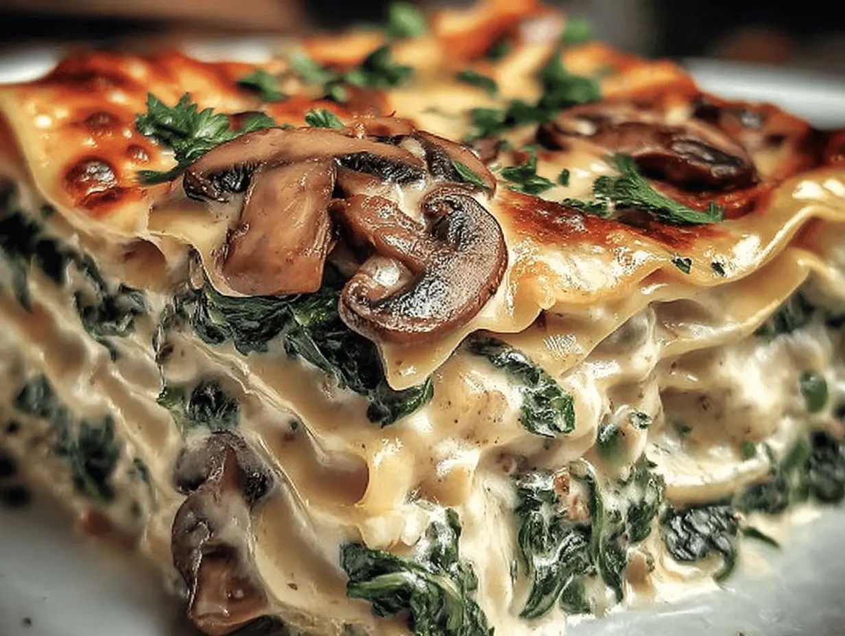 Creamy spinach mushroom lasagna with layers of cheese and fresh spinach, perfect for family dinners.