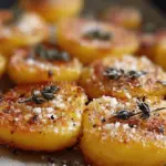 Delicious oven crispy parmesan potatoes garnished with fresh herbs, perfect side dish for dinner.