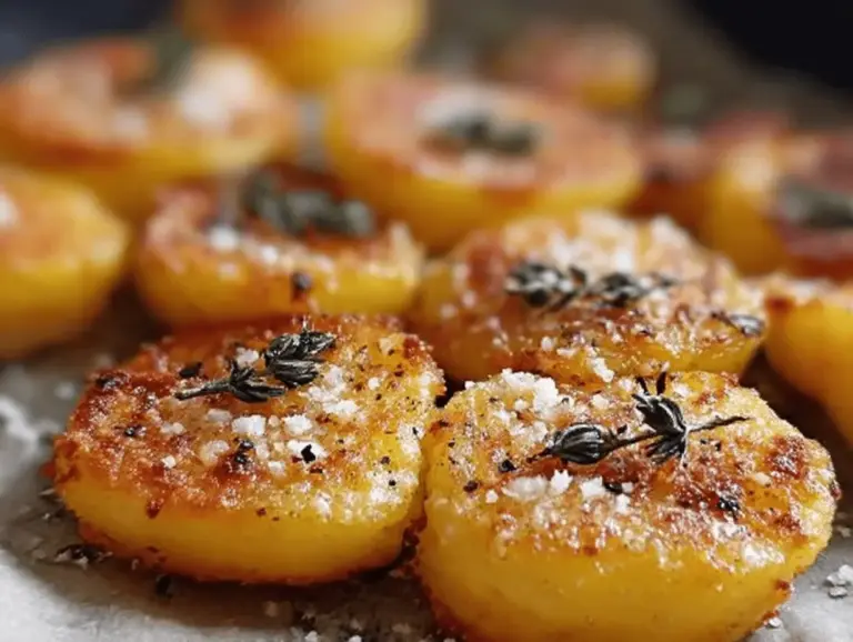 Delicious oven crispy parmesan potatoes garnished with fresh herbs, perfect side dish for dinner.