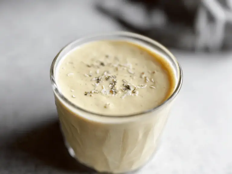Refreshing pineapple coconut smoothie in a glass with pineapple slice and mint on a tropical beach background.