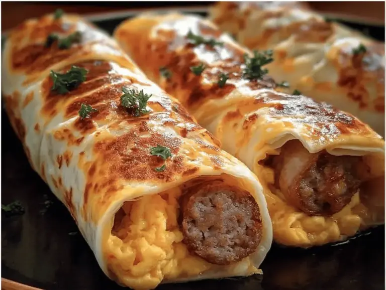 Irresistible sausage egg and cheese breakfast roll-ups on a plate, perfect for busy mornings.