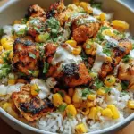 Delicious street corn chicken rice bowl with grilled corn, tender chicken, and cilantro lime dressing.