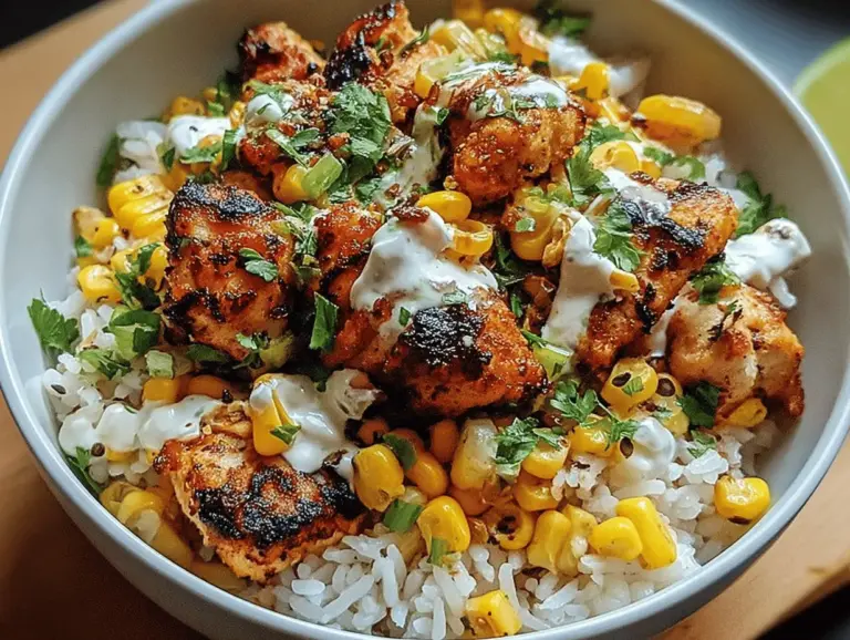 Delicious street corn chicken rice bowl with grilled corn, tender chicken, and cilantro lime dressing.