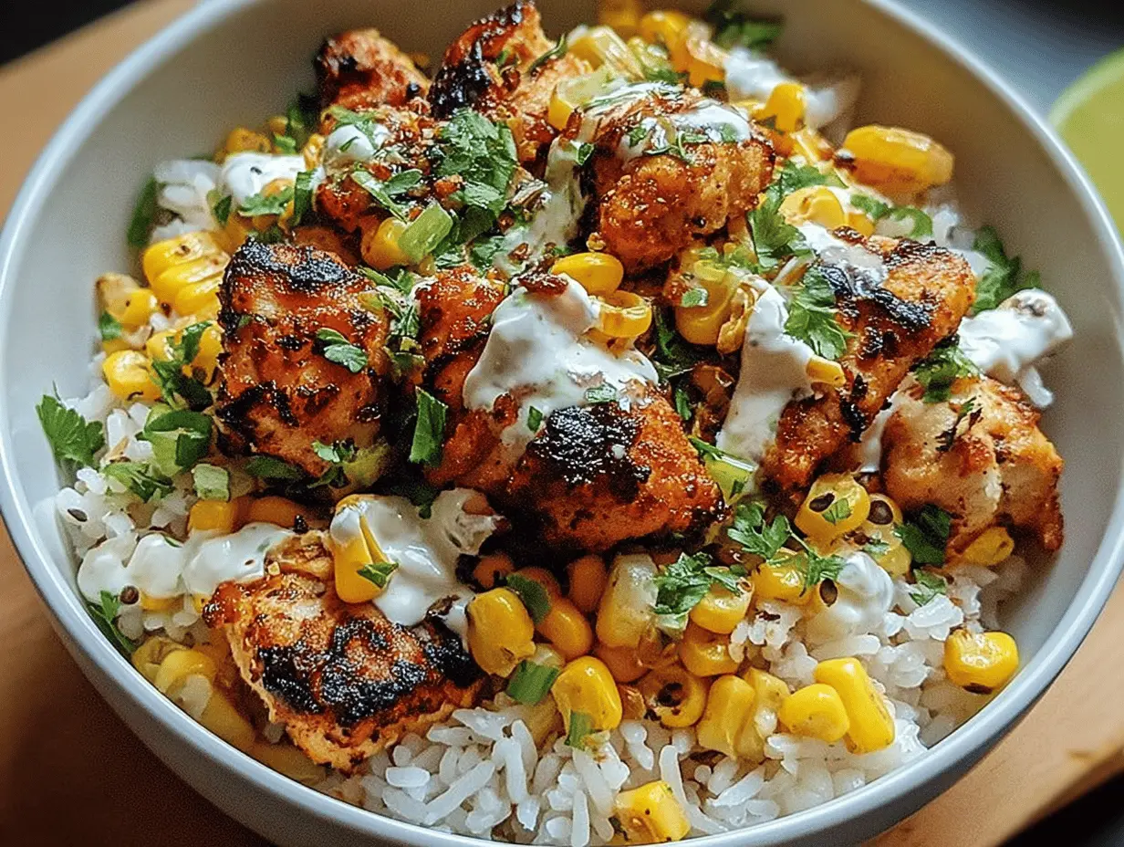 Delicious street corn chicken rice bowl with grilled corn, tender chicken, and cilantro lime dressing.